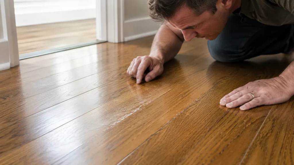 Homeowner checking hardwood floor for haze or leftover glue residue after cleaning