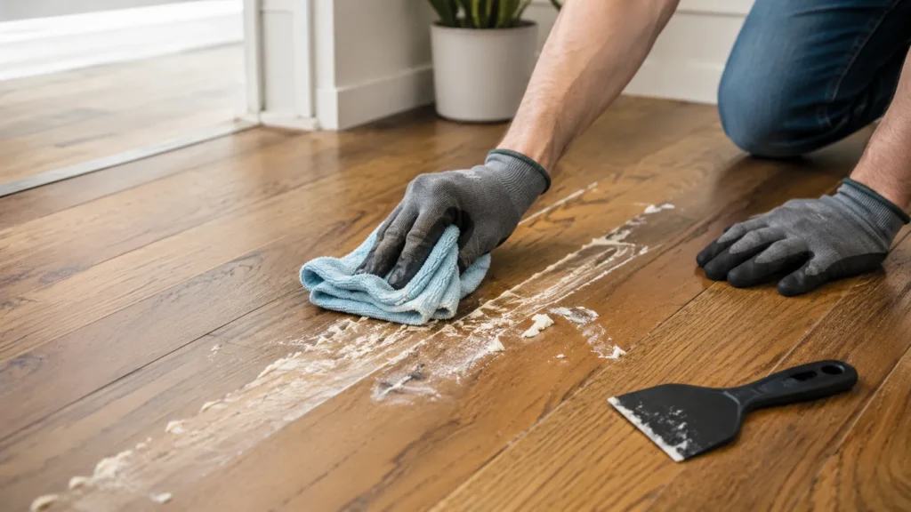 Homeowner cleaning glue residue from hardwood floors with a microfiber cloth and plastic scraper