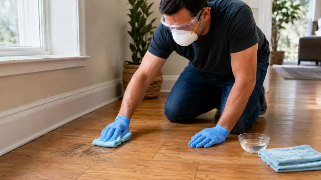 Homeowner gently wiping mold from hardwood flooring in the direction of the wood grain