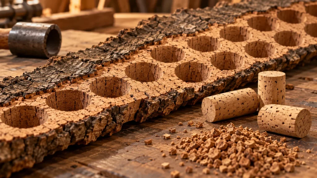 Natural cork bark strip with punched holes from wine stopper production, finished wine corks, and cork granules on a wooden workbench.