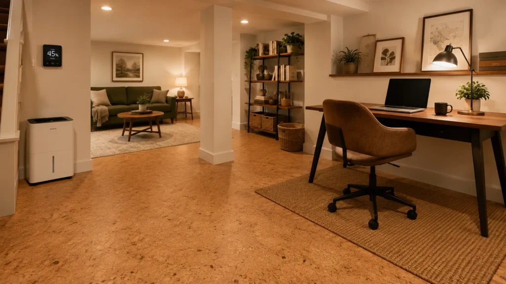 Cork flooring in a dry finished basement with a dehumidifier and humidity monitor