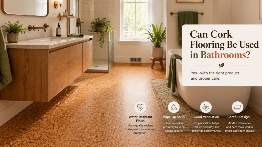 Cork flooring installed in a bathroom with moisture protection and proper ventilation