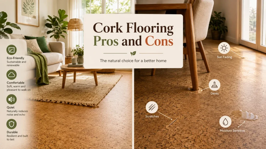 Cork flooring pros and cons showing comfort, scratches, dents, moisture sensitivity, and sun fading