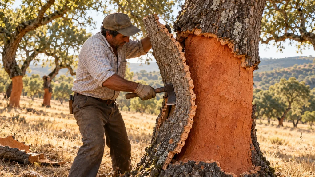Cork harvester peeling thick bark from a cork oak tree in a Portuguese forest, revealing the reddish-orange trunk beneath.