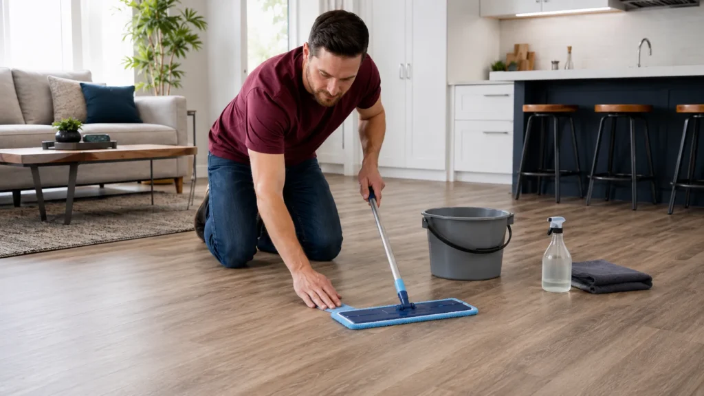 Homeowner cleaning vinyl plank flooring with a lightly damp microfiber mop
