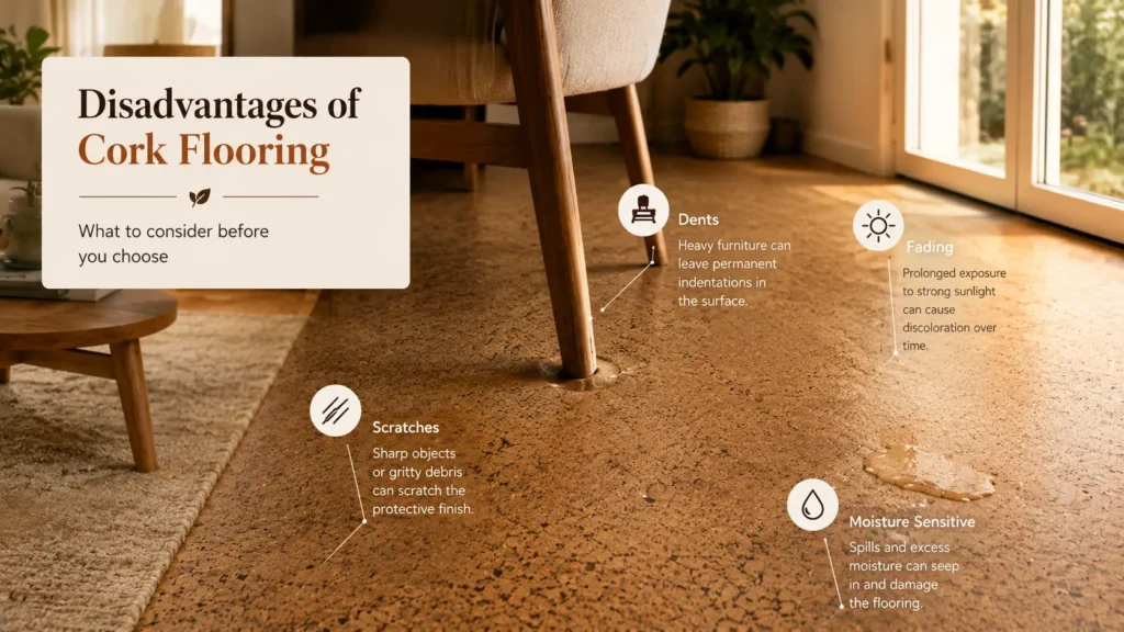 Disadvantages of cork flooring showing scratches, furniture dents, moisture damage, and sunlight fading