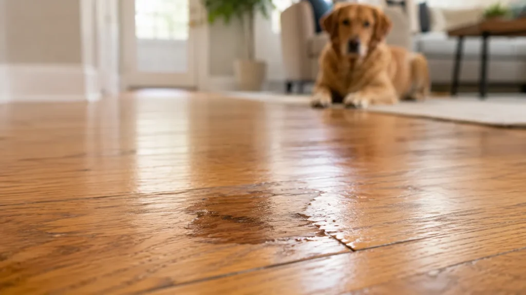 Dog urine soaking into hardwood floor seams and causing moisture damage and discoloration