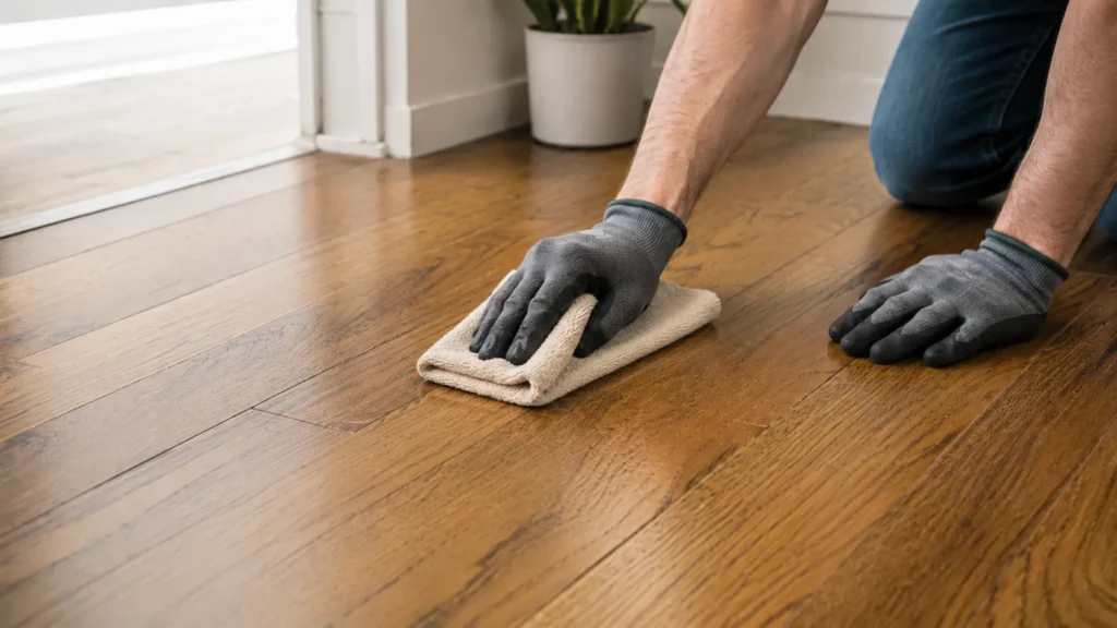 Dry microfiber towel removing moisture from hardwood floor after glue cleaning