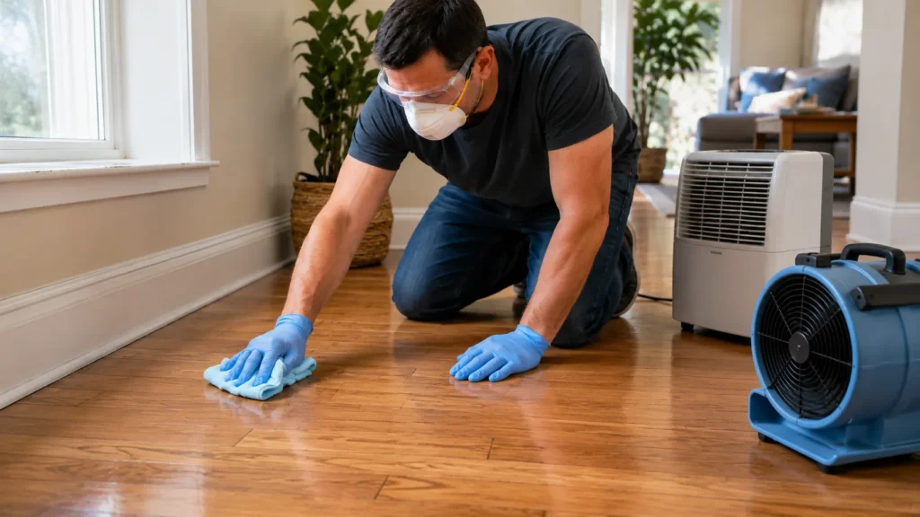 Hardwood floor drying after mold cleaning with a dehumidifier and air mover