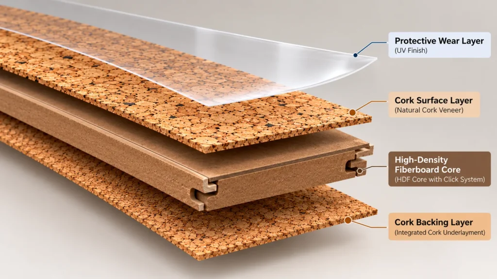 Exploded view of engineered cork flooring showing protective wear layer, natural cork surface, HDF core with click system, and cork backing layer.