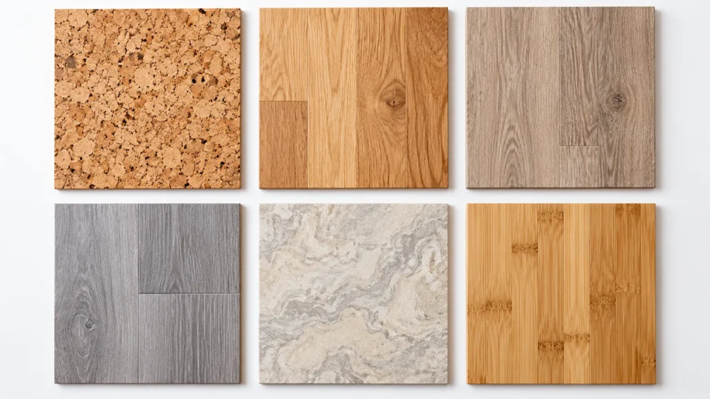 Overhead comparison of six flooring samples including natural cork, solid oak hardwood, wood-look laminate, luxury vinyl plank, marbled linoleum, and strand-woven bamboo.