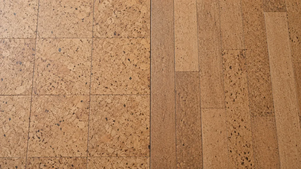 Overhead comparison of square glue-down cork tiles and long engineered cork click planks laid side by side.