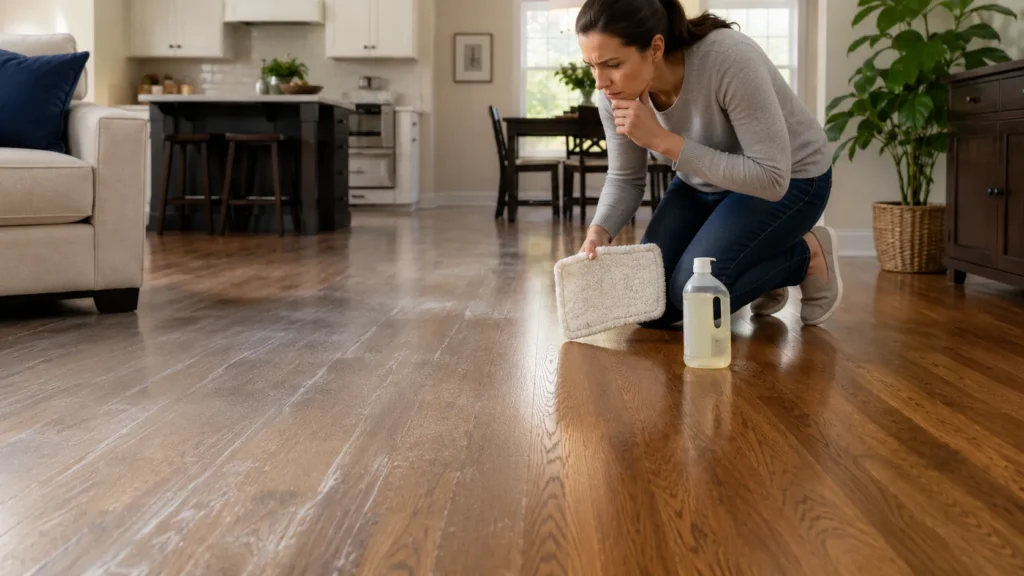Homeowner inspecting dull and streaky hardwood floors after cleaning