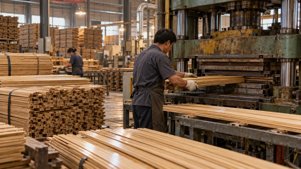 Bamboo strips being pressed into flooring planks in a factory
