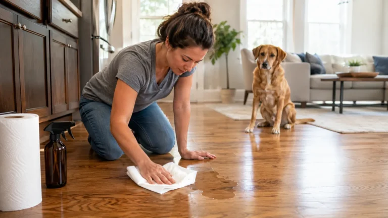 Homeowner blotting fresh dog urine from a hardwood floor while the dog waits nearby