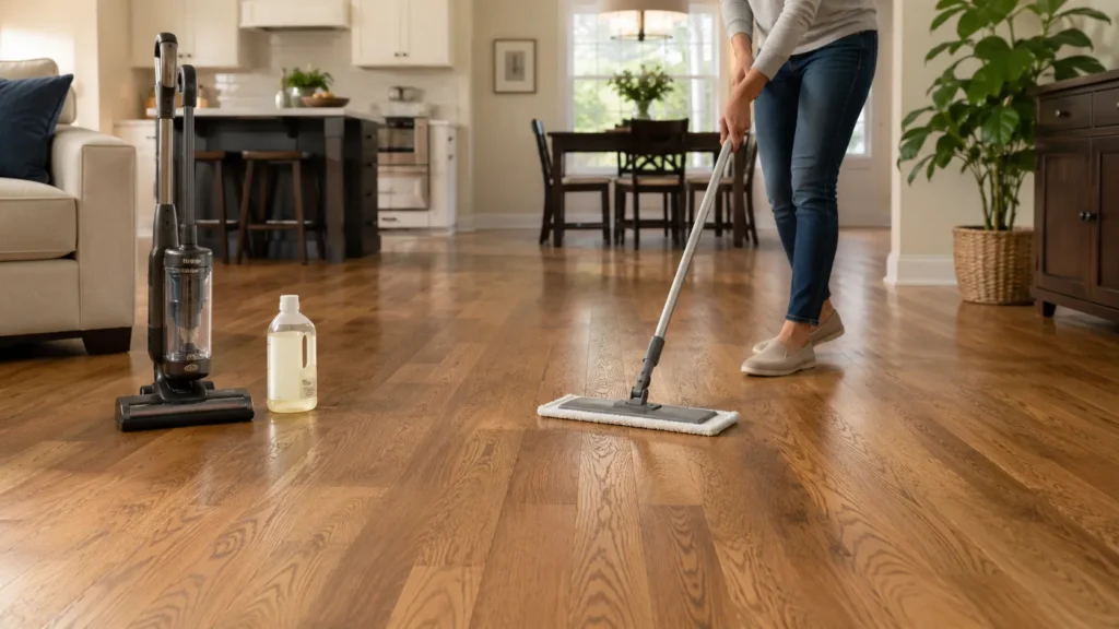 Homeowner cleaning hardwood floors with a microfiber mop and hardwood floor cleaner