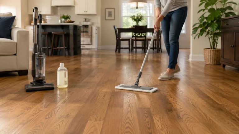 Homeowner cleaning hardwood floors with a microfiber mop and hardwood floor cleaner