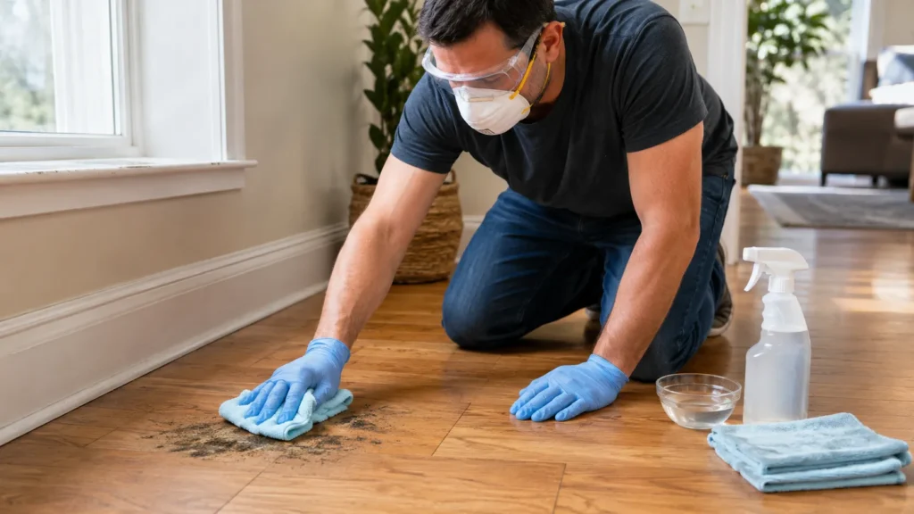 Person wearing an N95 mask, goggles, and gloves cleaning a small mold patch from hardwood flooring