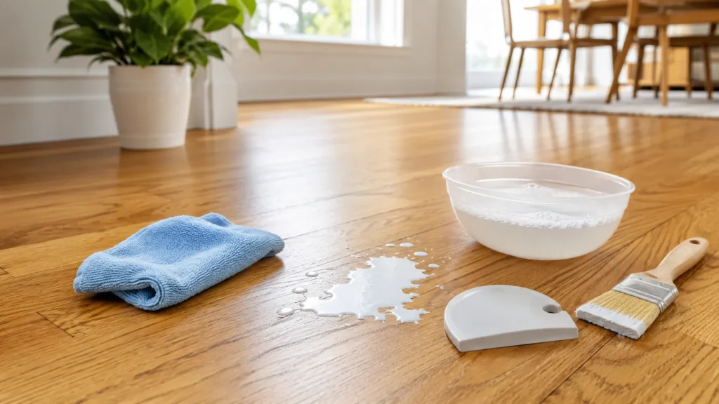 Paint spill on hardwood floor with microfiber cloth, soapy water, and plastic scraper
