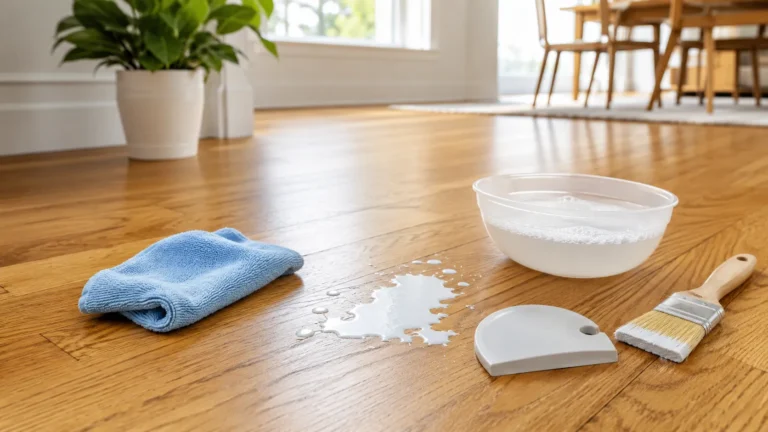 Paint spill on hardwood floor with microfiber cloth, soapy water, and plastic scraper