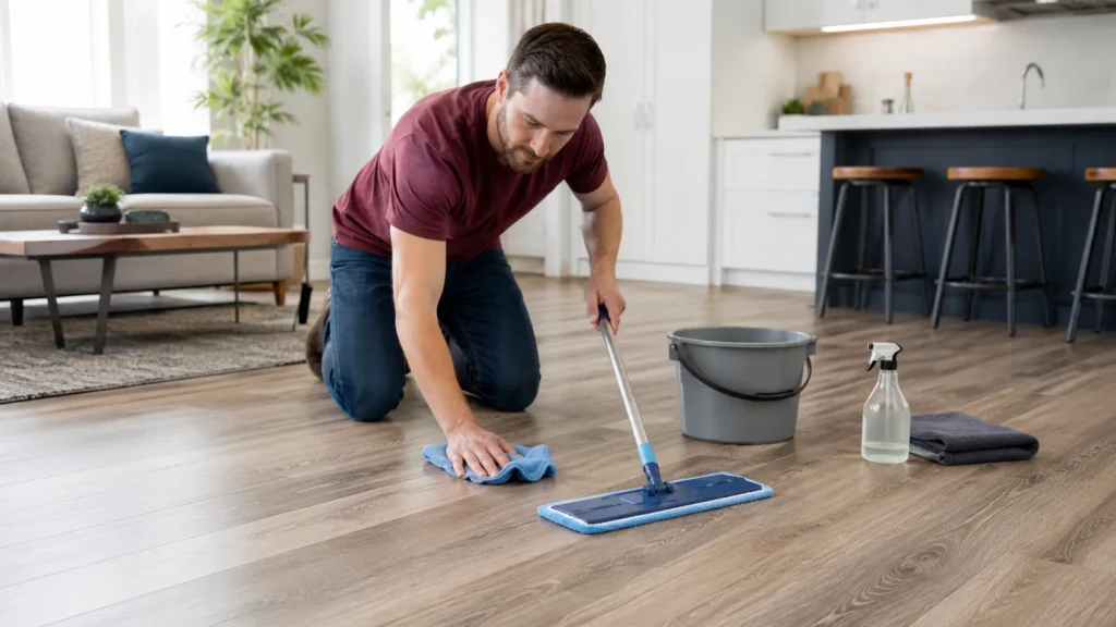 Homeowner cleaning wood-look vinyl plank flooring with a microfiber mop in a modern home
