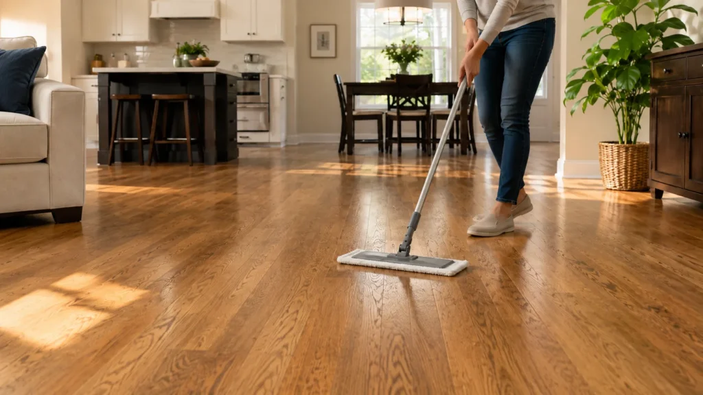 Homeowner mopping hardwood floors with a flat microfiber mop along the wood grain