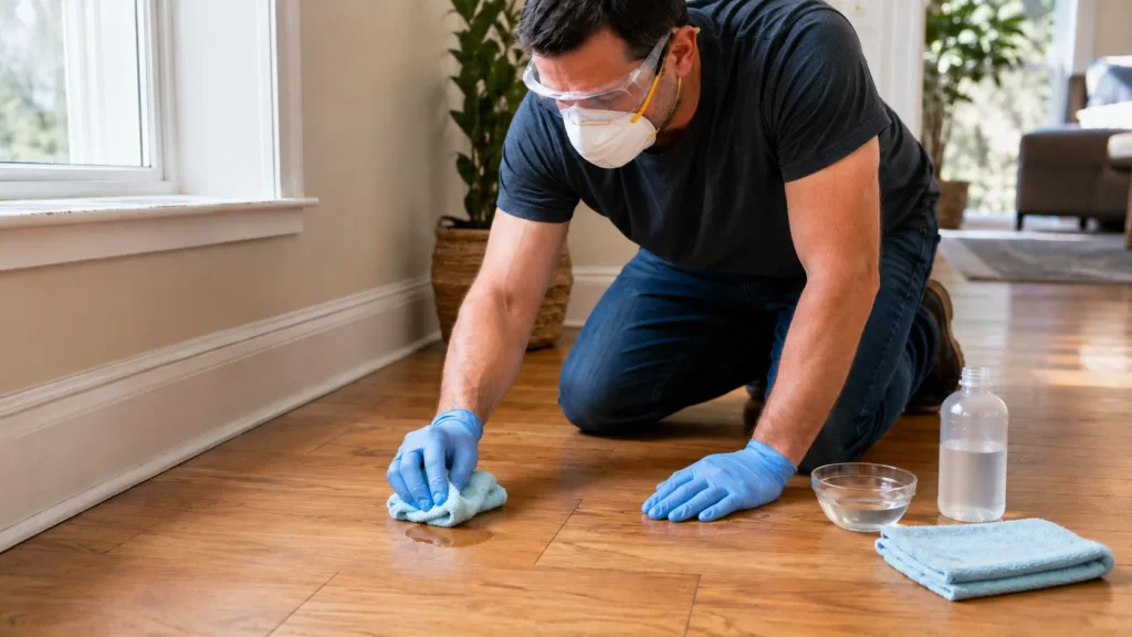 Homeowner applying hydrogen peroxide carefully to a small mold patch on hardwood flooring
