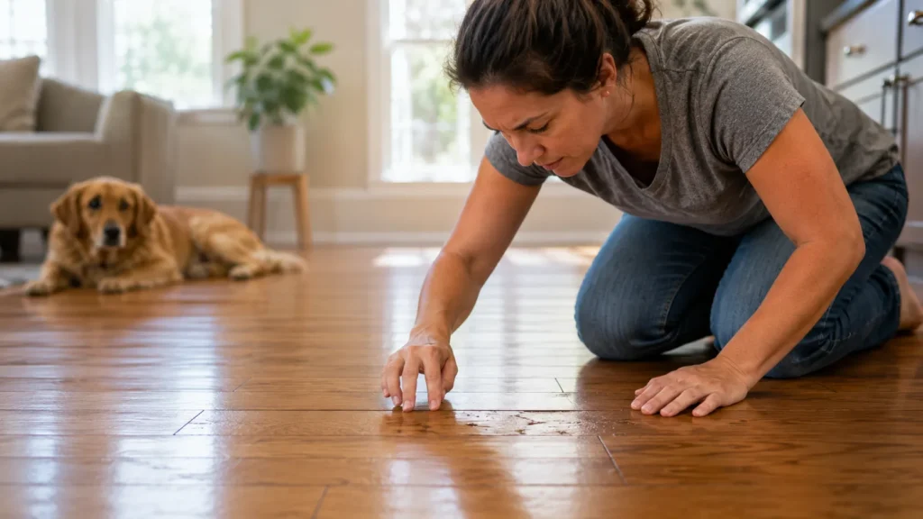 Homeowner inspecting the hardwood floor finish and plank seams after a dog urine accident