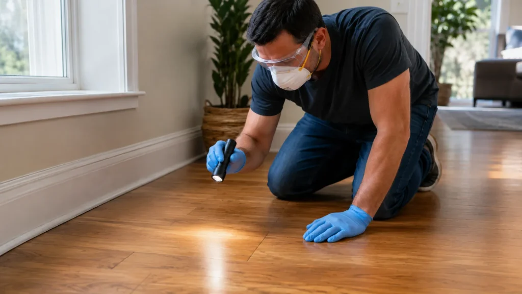 Homeowner inspecting a dry hardwood floor with a flashlight for remaining mold or damage