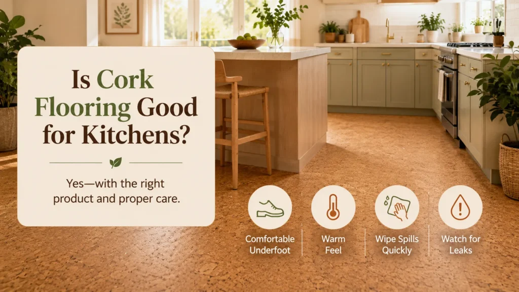 Modern kitchen with cork flooring showing comfort, warmth, spill cleanup, and leak awareness.