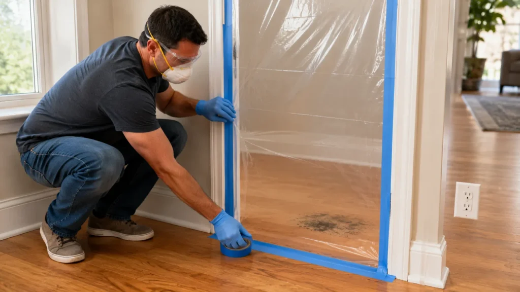 Homeowner sealing a doorway with plastic sheeting to isolate a hardwood floor mold cleanup area