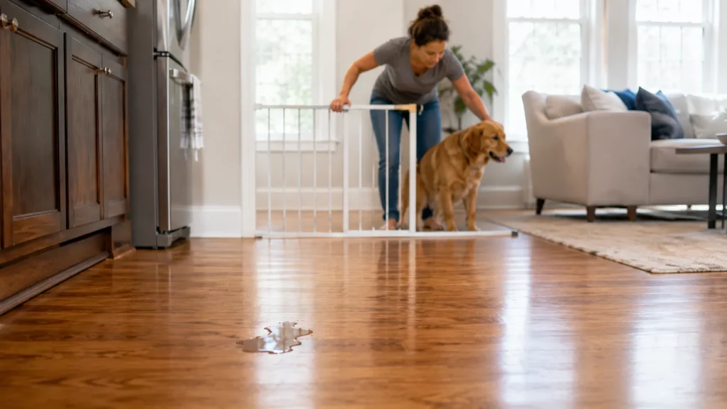 Homeowner using a pet gate to keep a dog away from urine on a hardwood floor