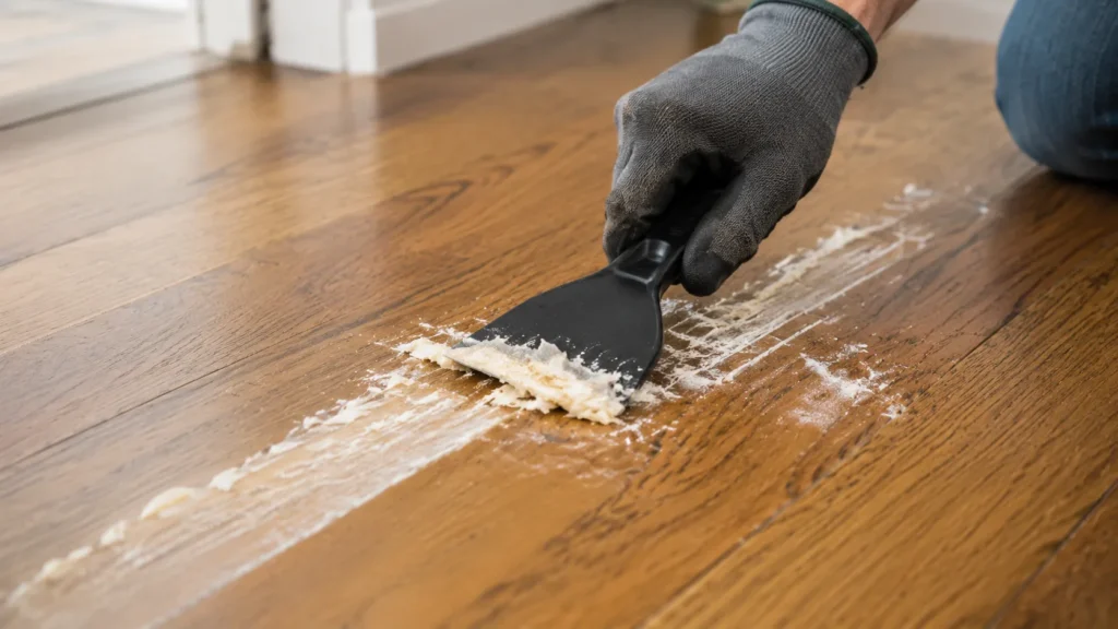 Plastic scraper lifting softened glue from hardwood floor without damaging the finish