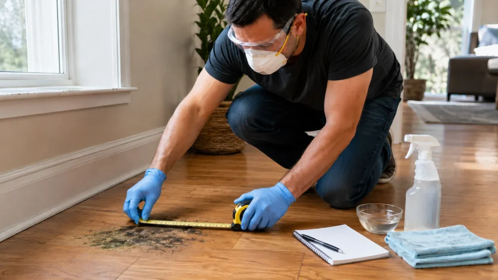 Homeowner measuring a small mold patch on hardwood flooring with a tape measure