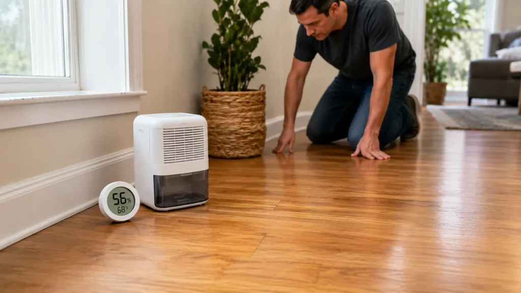 Hygrometer and dehumidifier monitoring humidity near a recently cleaned hardwood floor