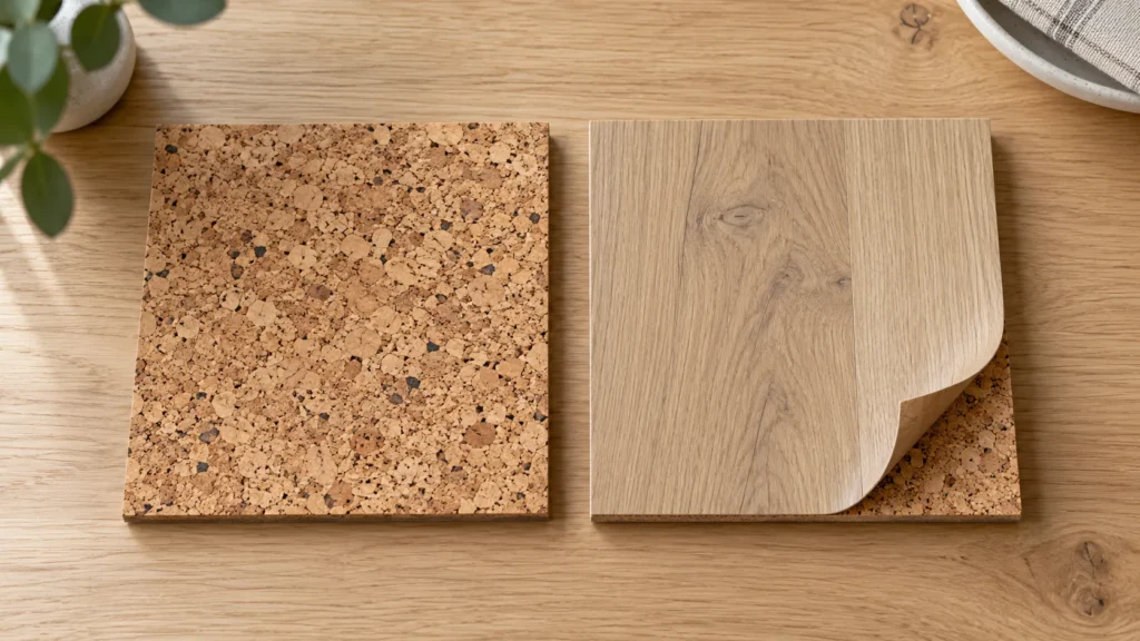 Natural speckled cork tile beside a wood-look cork flooring plank with a lifted corner revealing the cork layer underneath.