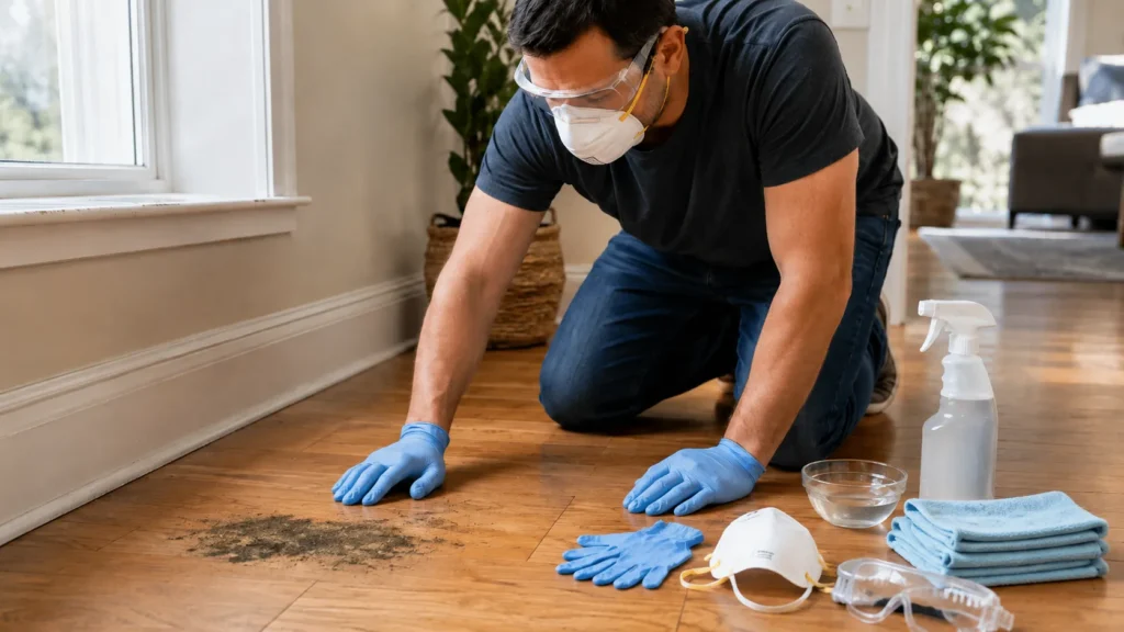 Homeowner wearing protective gear inspecting mold and arranging cleaning supplies before cleaning hardwood flooring