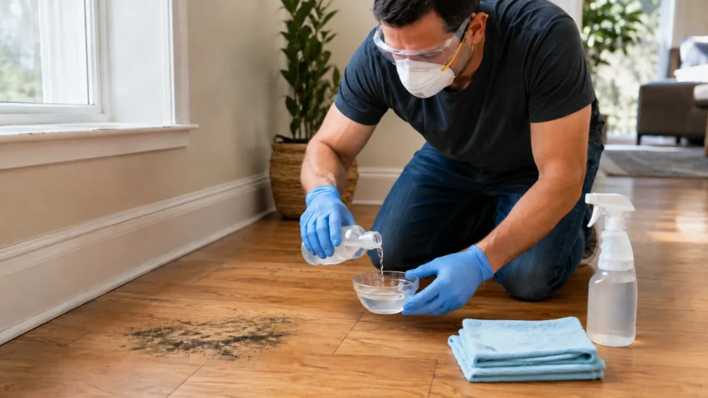 Homeowner preparing a mild cleaning solution with water, soap, and microfiber cloths for hardwood mold