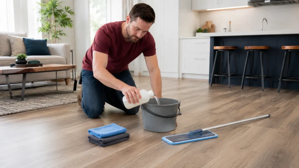 Homeowner preparing a mild pH-neutral cleaning solution for vinyl plank flooring