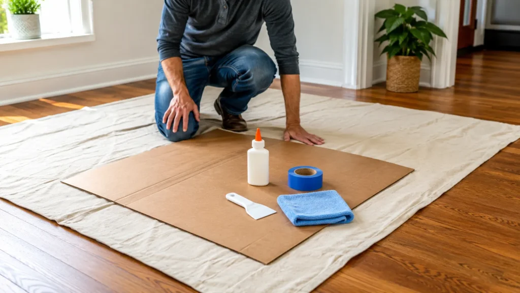 Protective drop cloth and tools used to prevent glue problems on hardwood floors