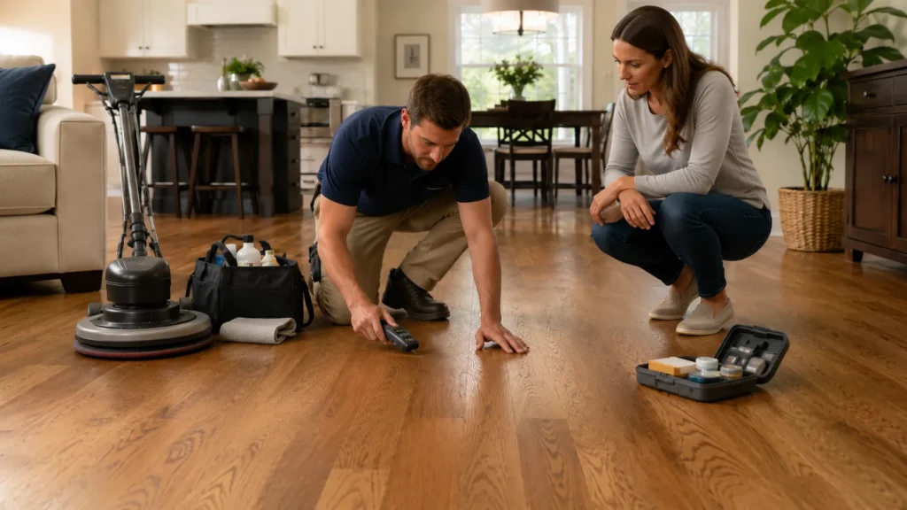 Flooring professional inspecting and restoring hardwood floors in a modern home