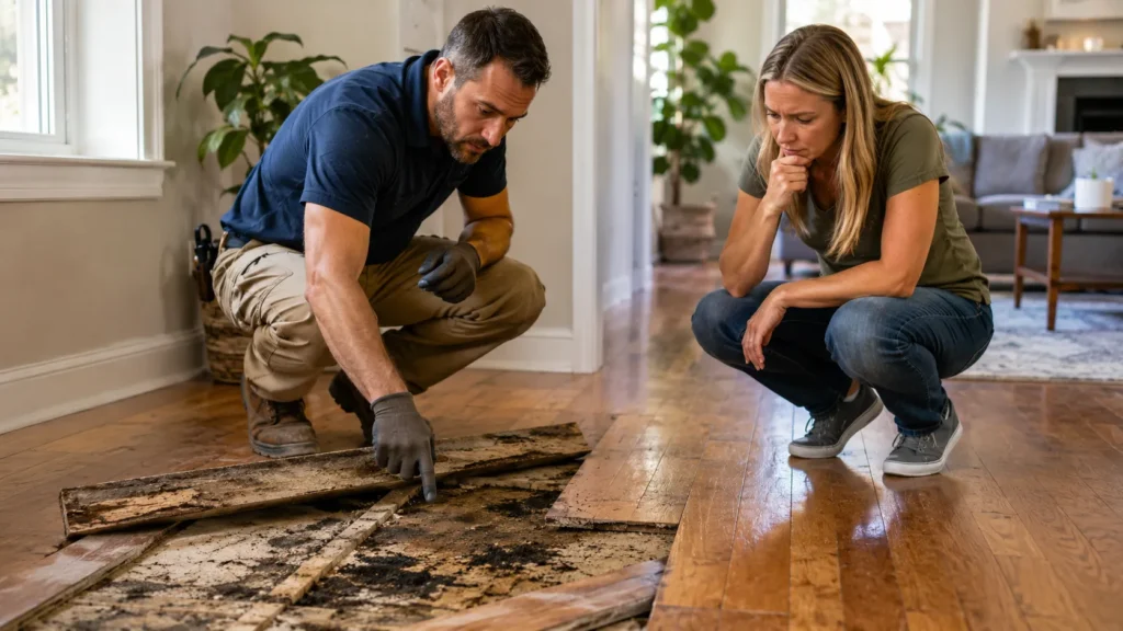Mold remediation professional inspecting damaged hardwood flooring and the exposed subfloor with a homeowner