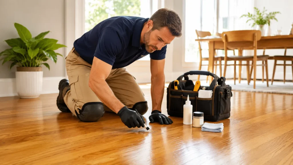 Flooring professional inspecting and repairing paint damage on a hardwood floor