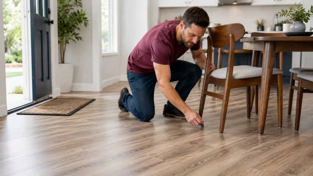 Homeowner checking furniture feet and protective pads to prevent scratches on vinyl plank flooring