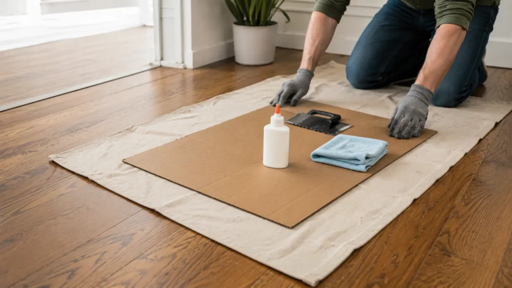 Plastic scraper removing adhesive from hardwood floor without damaging the finish