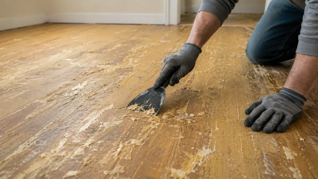 Carpet glue residue being removed from hardwood floors after old carpet removal