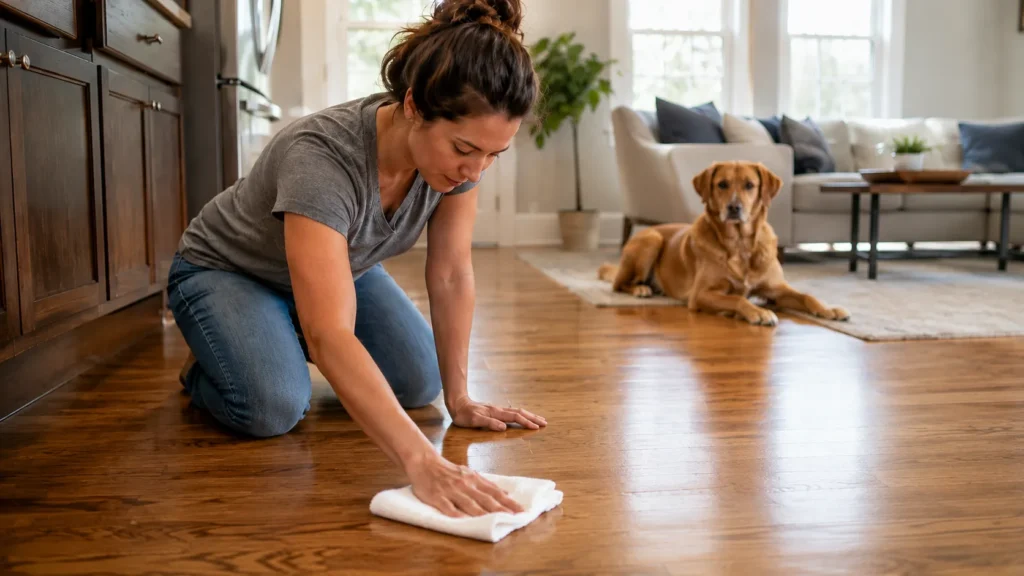 Homeowner wiping cleaner residue from a hardwood floor with a clean microfiber cloth