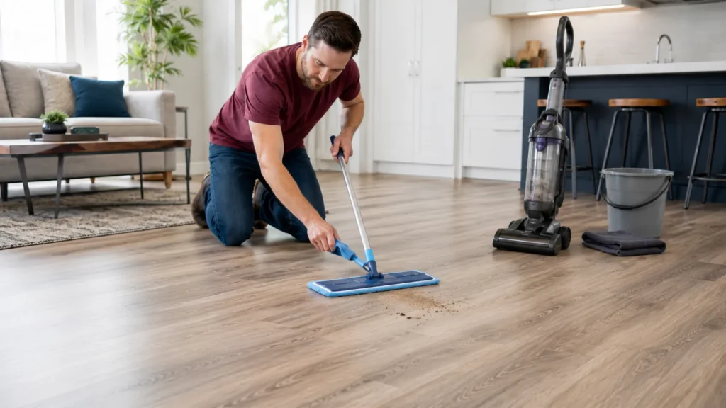 Homeowner removing loose dirt from vinyl plank flooring before damp mopping