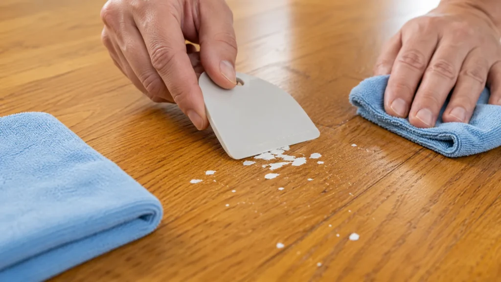 Gently scraping dried latex paint from a wood floor without damaging the finish