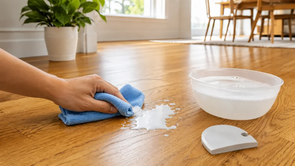 Wiping fresh water-based paint from a hardwood floor with a microfiber cloth